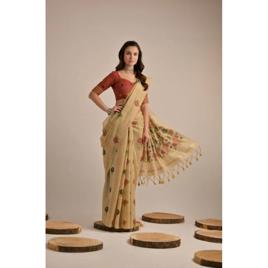 Tremendous Women's Blended Cotton Floral Motifs And Woven Buttas Saree With Blouse Piece