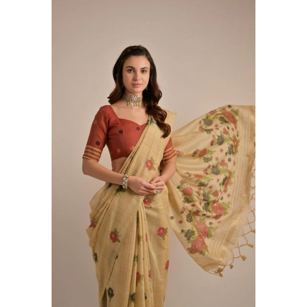 Tremendous Women's Blended Cotton Floral Motifs And Woven Buttas Saree With Blouse Piece