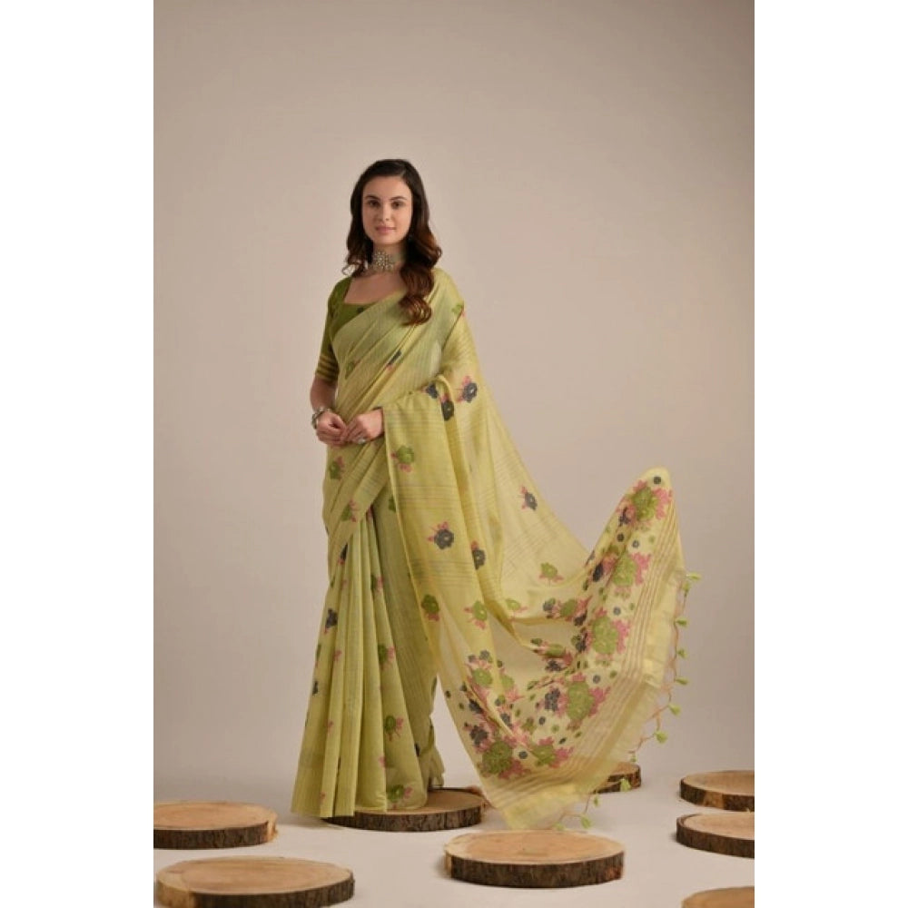 Tremendous Women's Blended Cotton Floral Motifs And Woven Buttas Saree With Blouse Piece