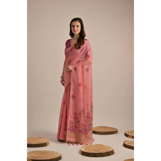 Tremendous Women's Blended Cotton Floral Motifs And Woven Buttas Saree With Blouse Piece