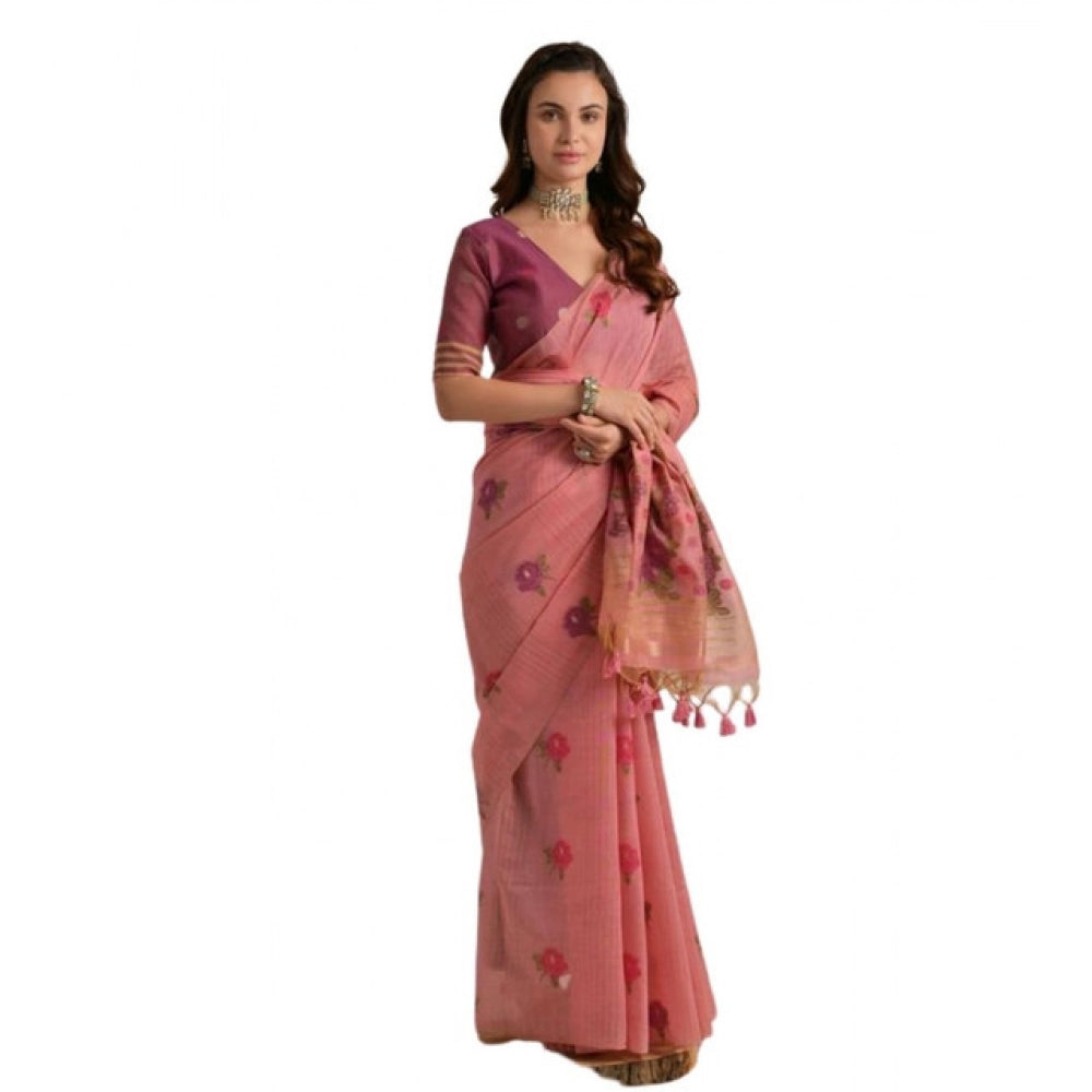 Tremendous Women's Blended Cotton Floral Motifs And Woven Buttas Saree With Blouse Piece