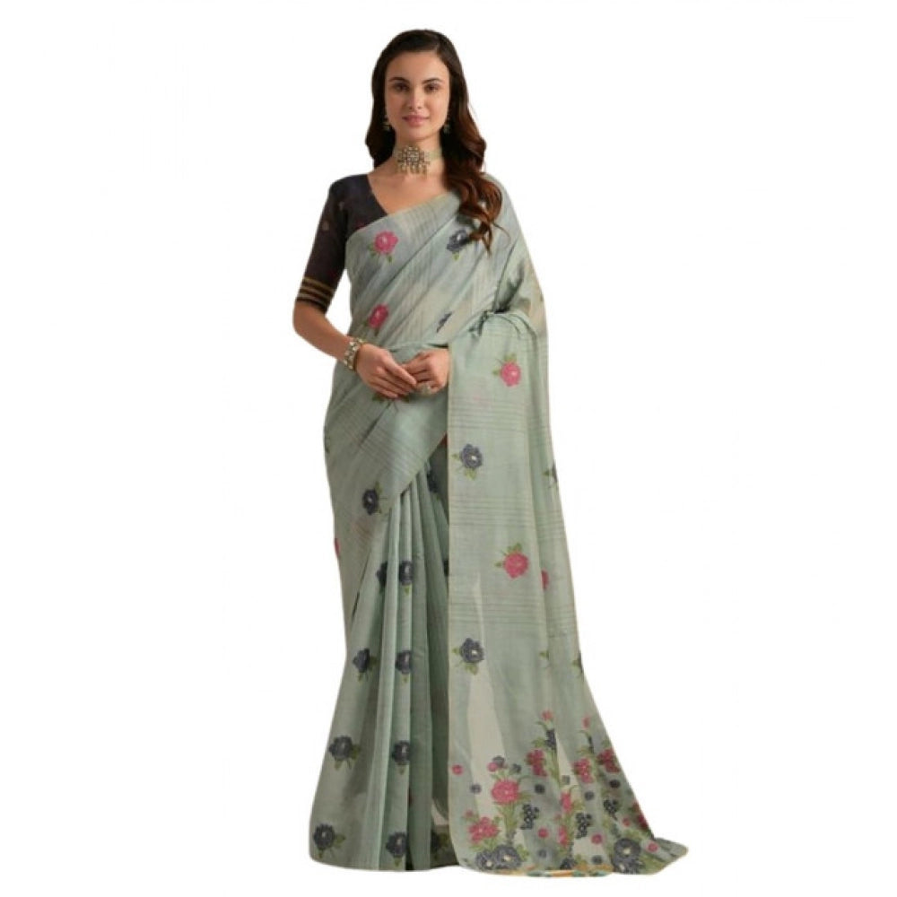 Tremendous Women's Blended Cotton Floral Motifs And Woven Buttas Saree With Blouse Piece