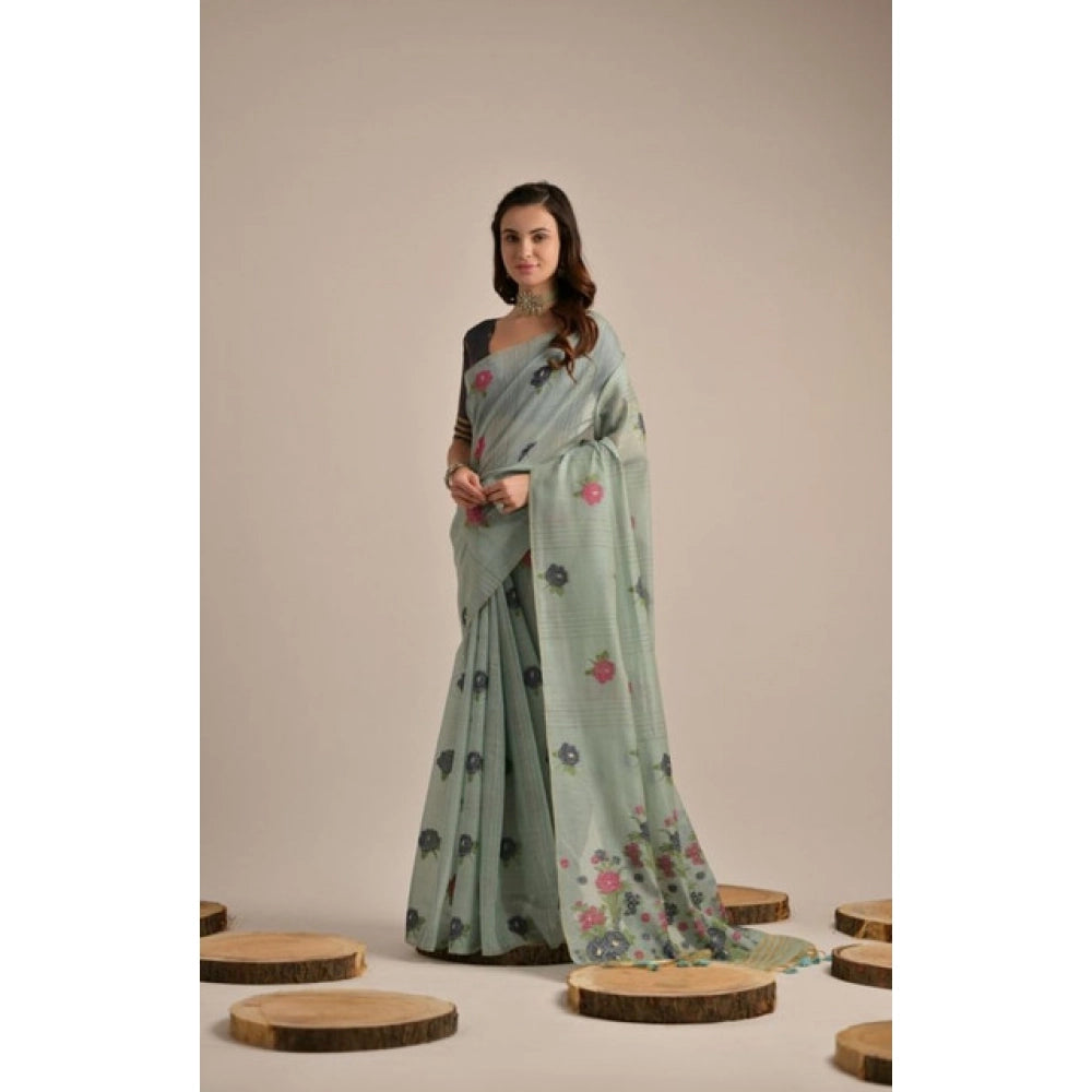 Tremendous Women's Blended Cotton Floral Motifs And Woven Buttas Saree With Blouse Piece