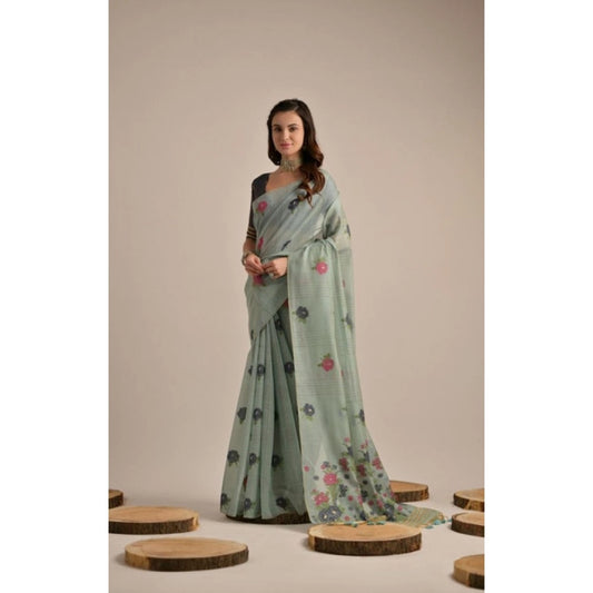 Tremendous Women's Blended Cotton Floral Motifs And Woven Buttas Saree With Blouse Piece