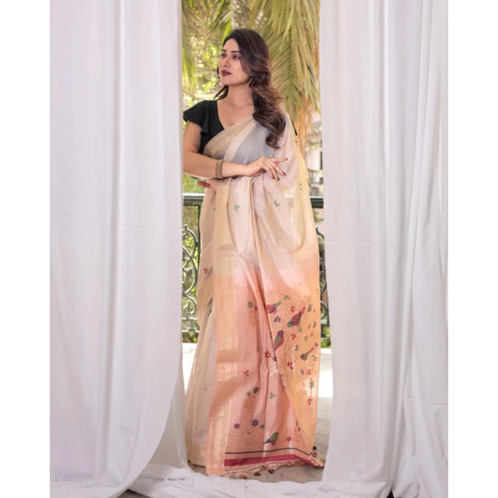 Tremendous Women's Blended Cotton Woven Motifs Saree With Blouse Piece