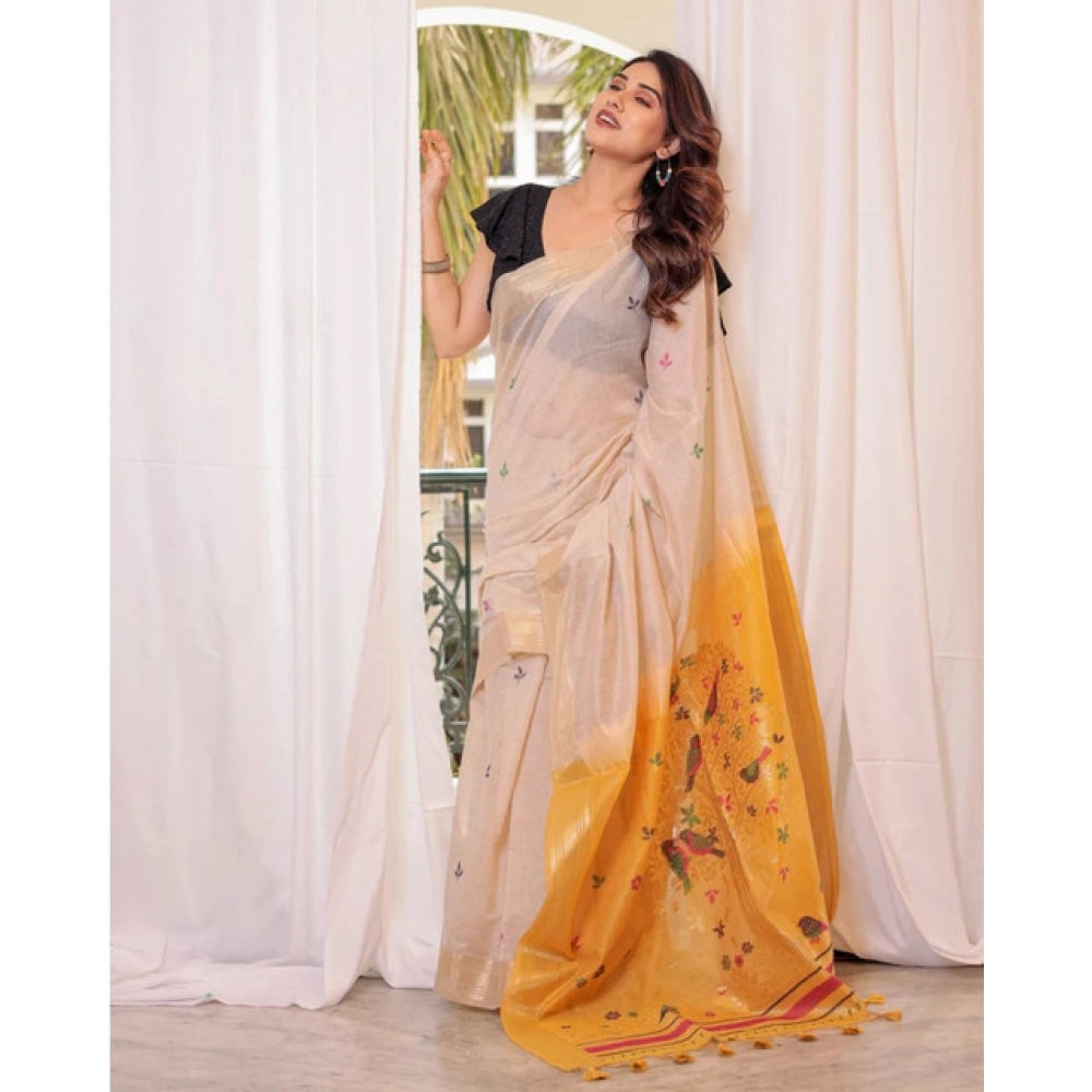 Tremendous Women's Blended Cotton Woven Motifs Saree With Blouse Piece