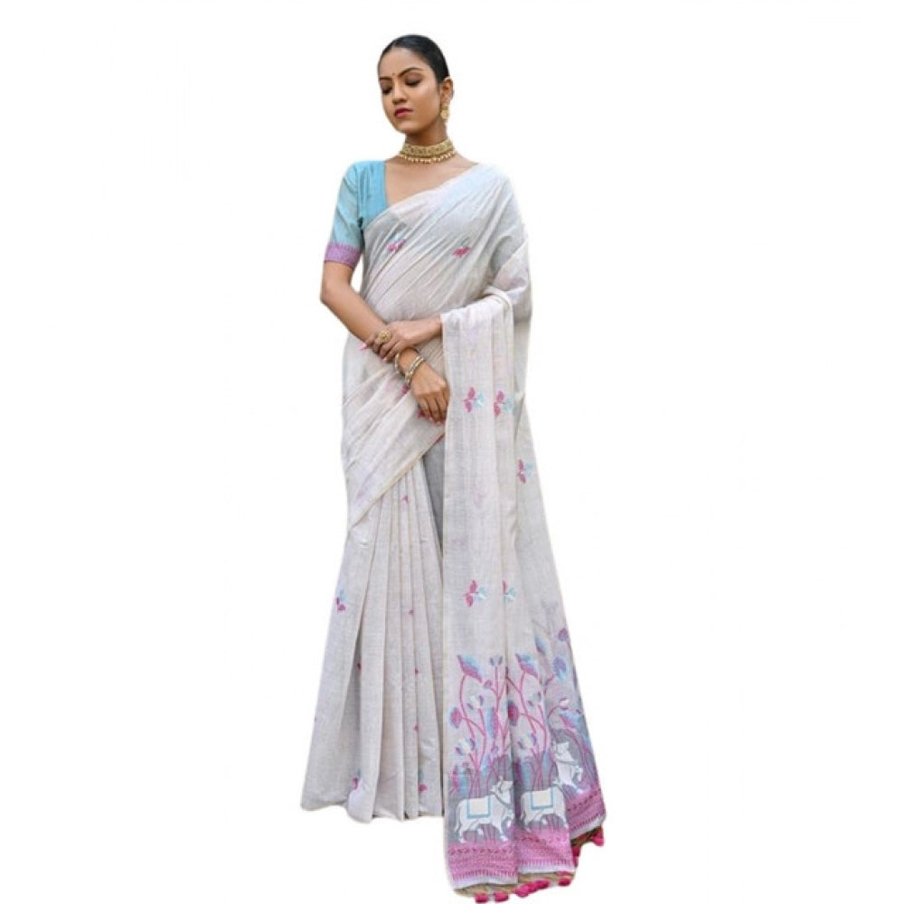Fantastic Women's Blended Cotton Floral Weaving Pattern Saree With Blouse Piece