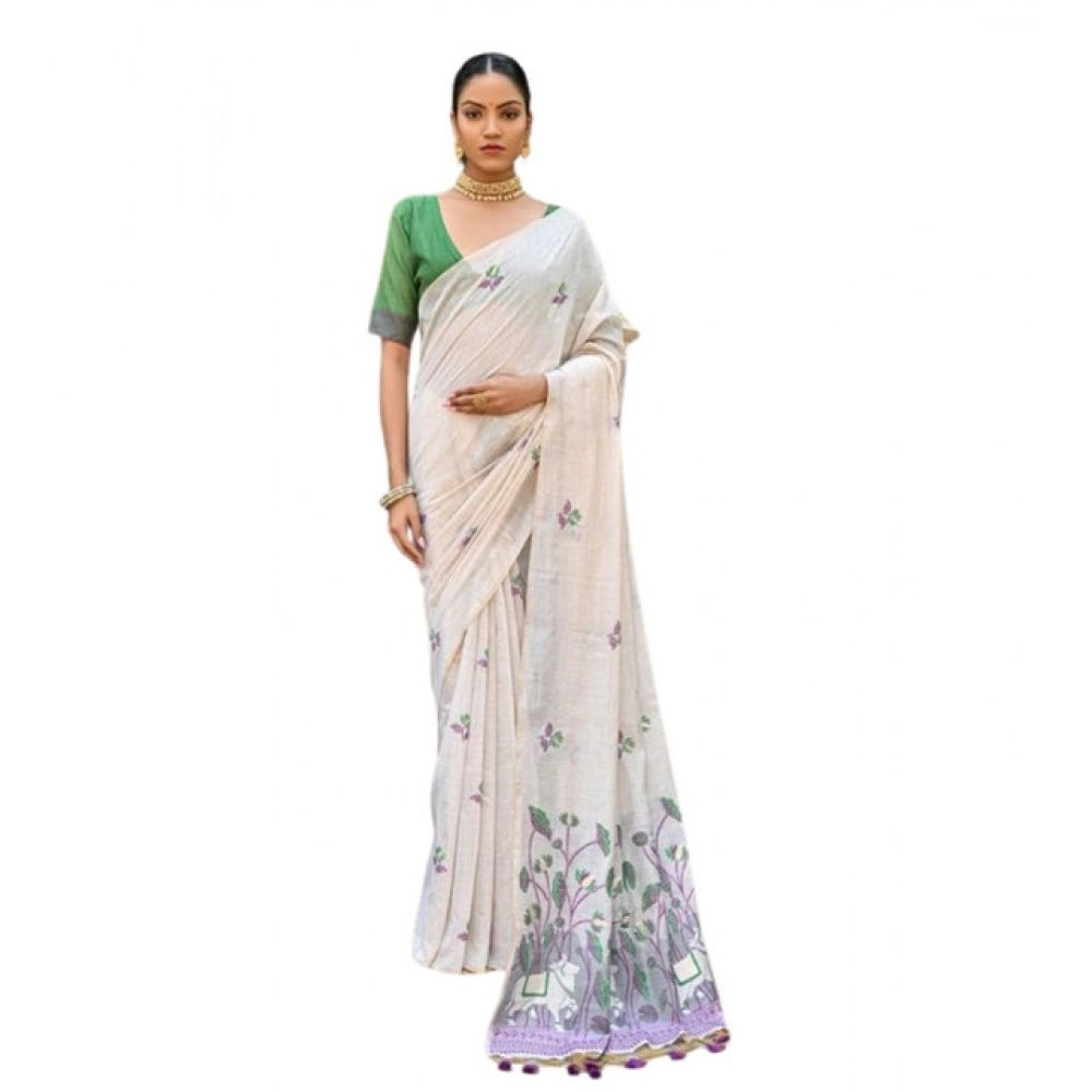 Fantastic Women's Blended Cotton Floral Weaving Pattern Saree With Blouse Piece