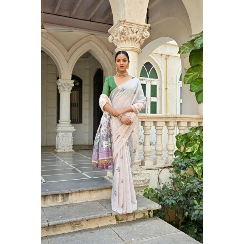 Fantastic Women's Blended Cotton Floral Weaving Pattern Saree With Blouse Piece