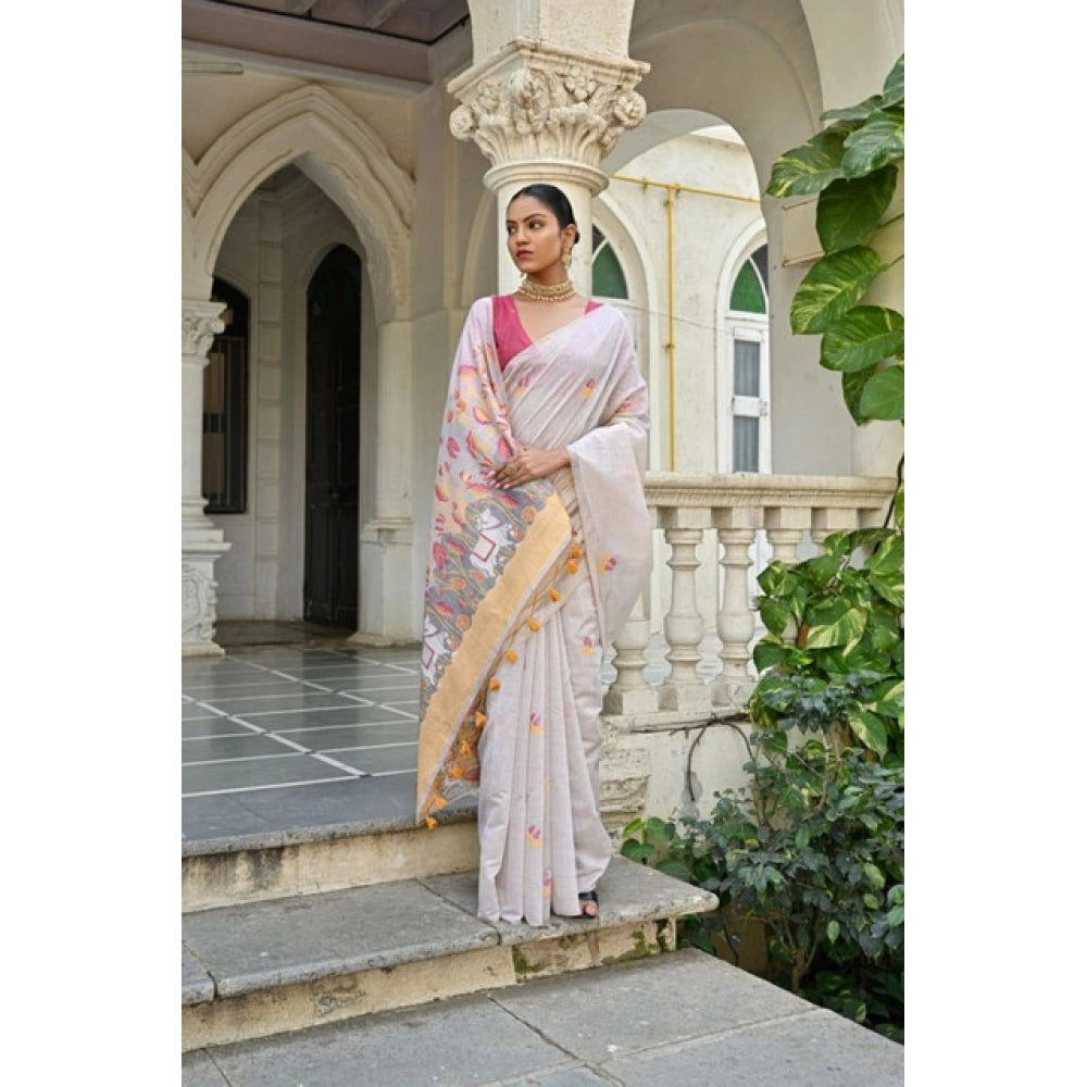 Fantastic Women's Blended Cotton Floral Weaving Pattern Saree With Blouse Piece