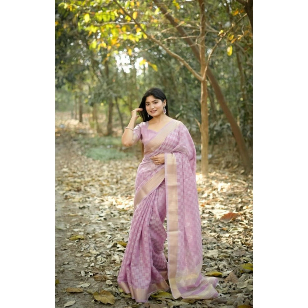Astonishing Women's Silk Blend Checked Saree With Blouse Piece