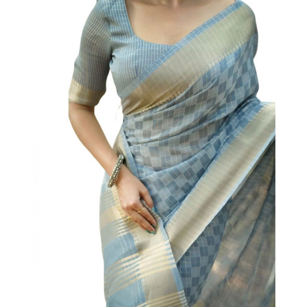 Astonishing Women's Silk Blend Checked Saree With Blouse Piece