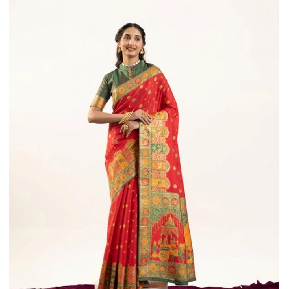 Delightful Women's Faux Banarasi Woven Motifs Saree With Blouse Piece
