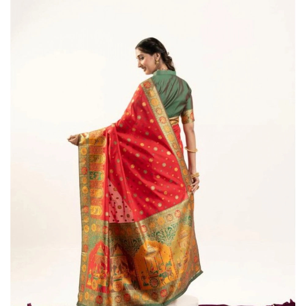 Delightful Women's Faux Banarasi Woven Motifs Saree With Blouse Piece
