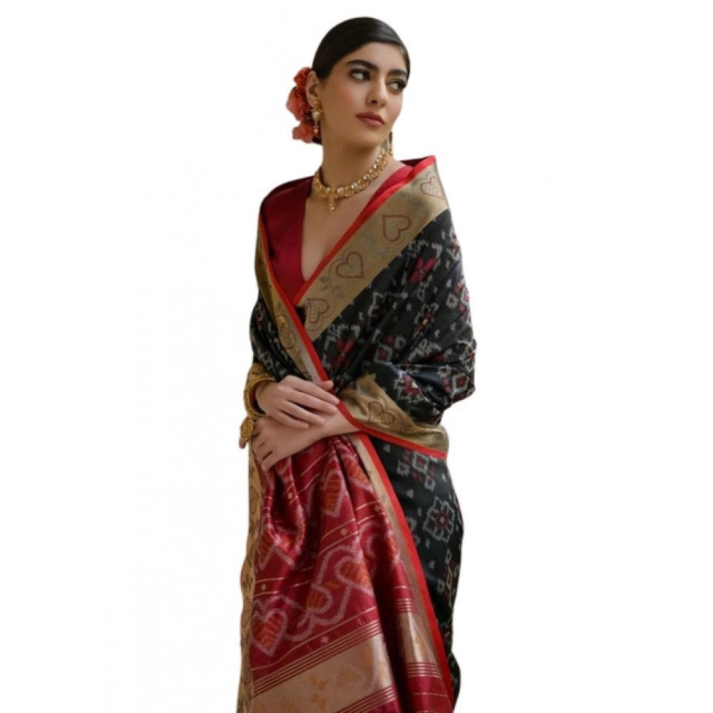 Fabulous Women's Silk Blend Ethnic Ikat Pattern Saree With Blouse Piece