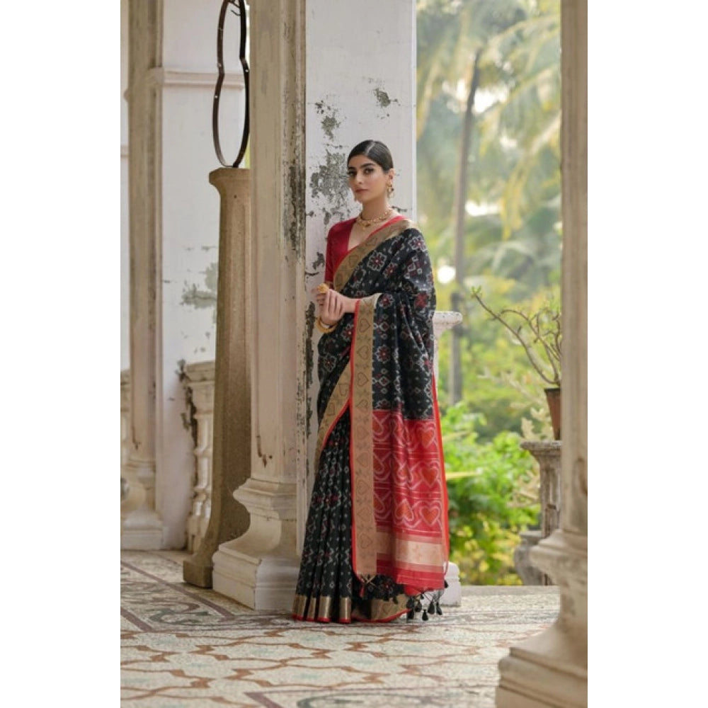 Fabulous Women's Silk Blend Ethnic Ikat Pattern Saree With Blouse Piece