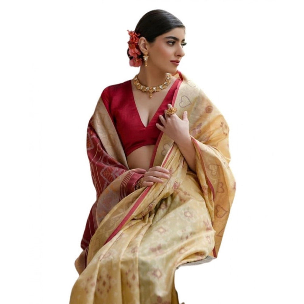 Fabulous Women's Silk Blend Ethnic Ikat Pattern Saree With Blouse Piece