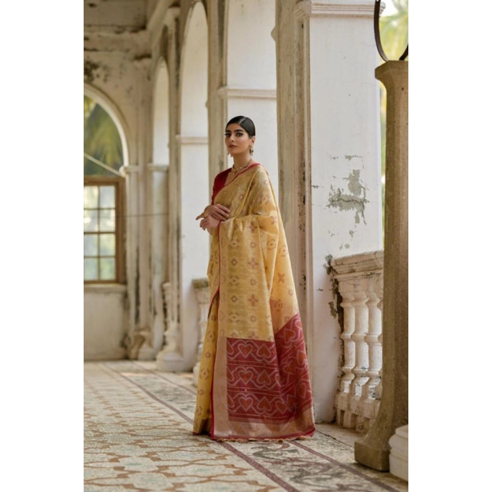 Fabulous Women's Silk Blend Ethnic Ikat Pattern Saree With Blouse Piece