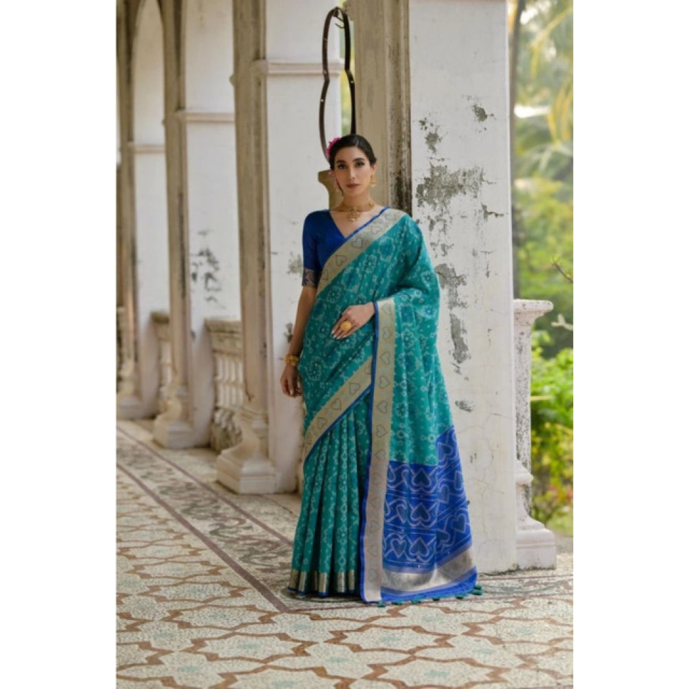 Fabulous Women's Silk Blend Ethnic Ikat Pattern Saree With Blouse Piece
