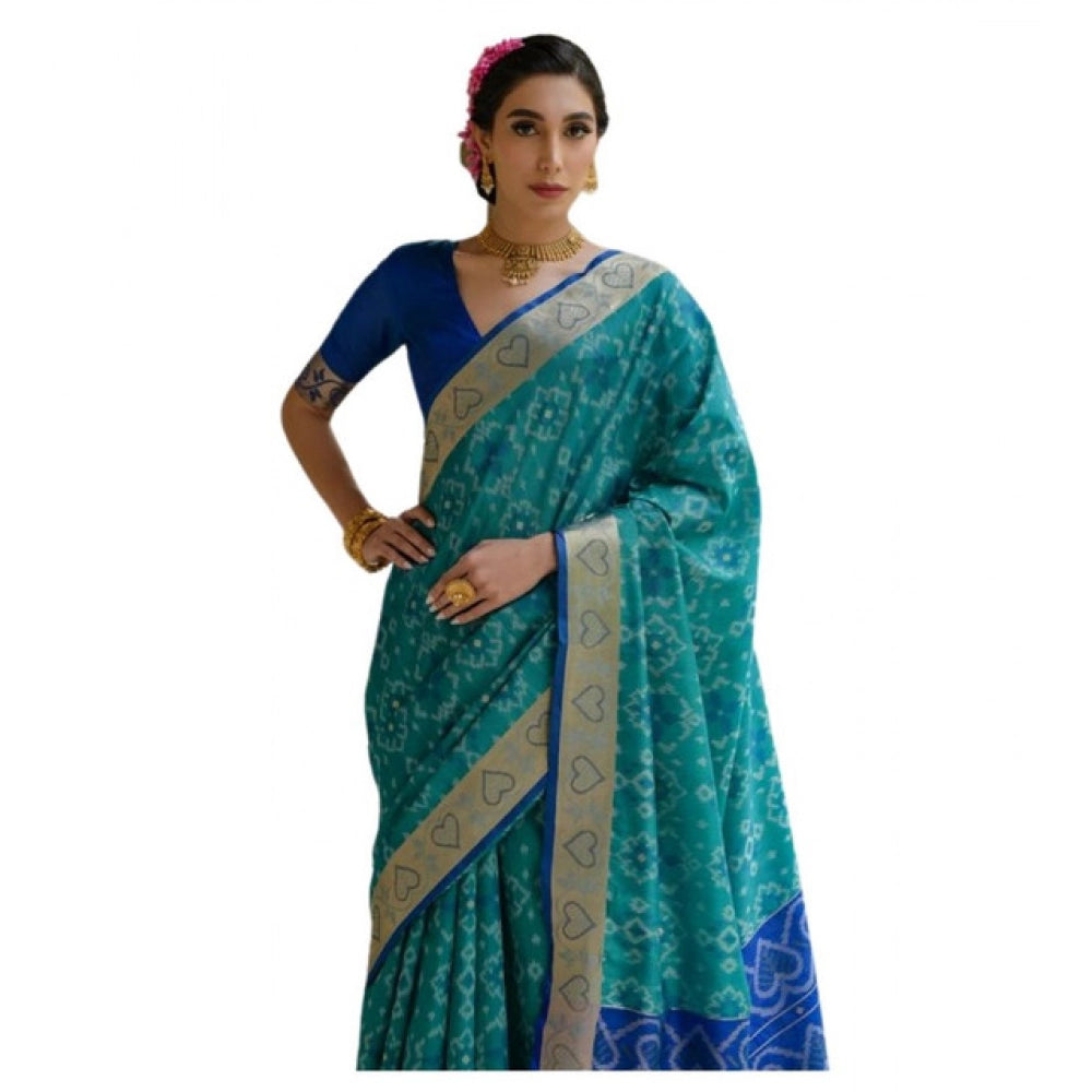 Fabulous Women's Silk Blend Ethnic Ikat Pattern Saree With Blouse Piece