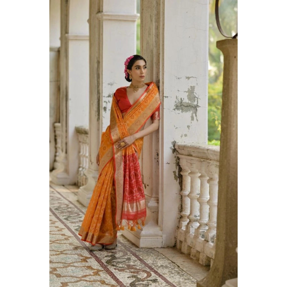 Fabulous Women's Silk Blend Ethnic Ikat Pattern Saree With Blouse Piece