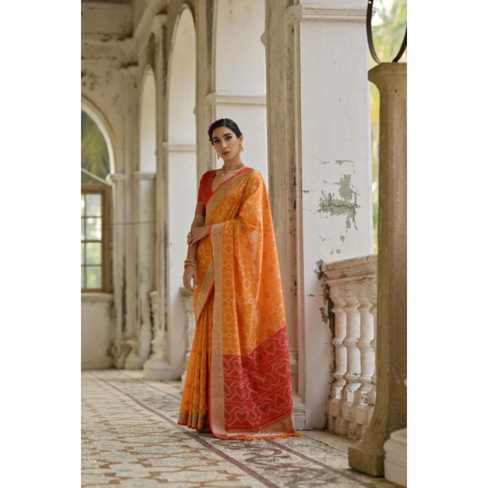 Fabulous Women's Silk Blend Ethnic Ikat Pattern Saree With Blouse Piece
