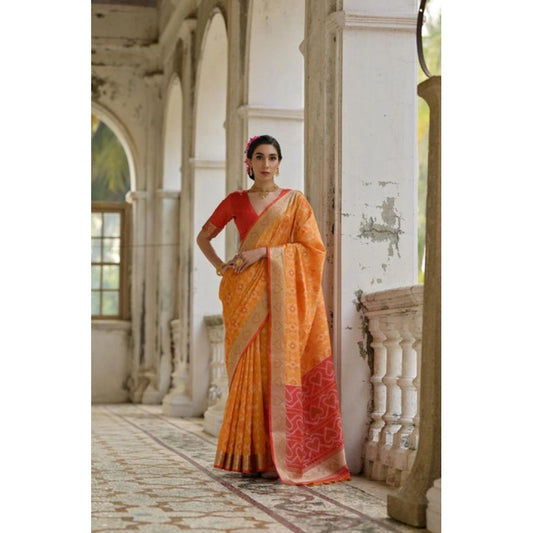 Fabulous Women's Silk Blend Ethnic Ikat Pattern Saree With Blouse Piece