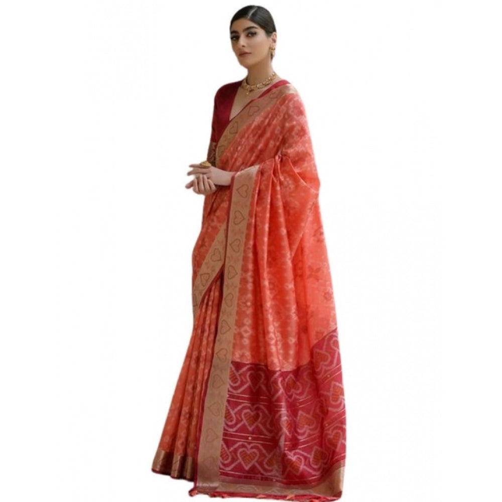 Fabulous Women's Silk Blend Ethnic Ikat Pattern Saree With Blouse Piece