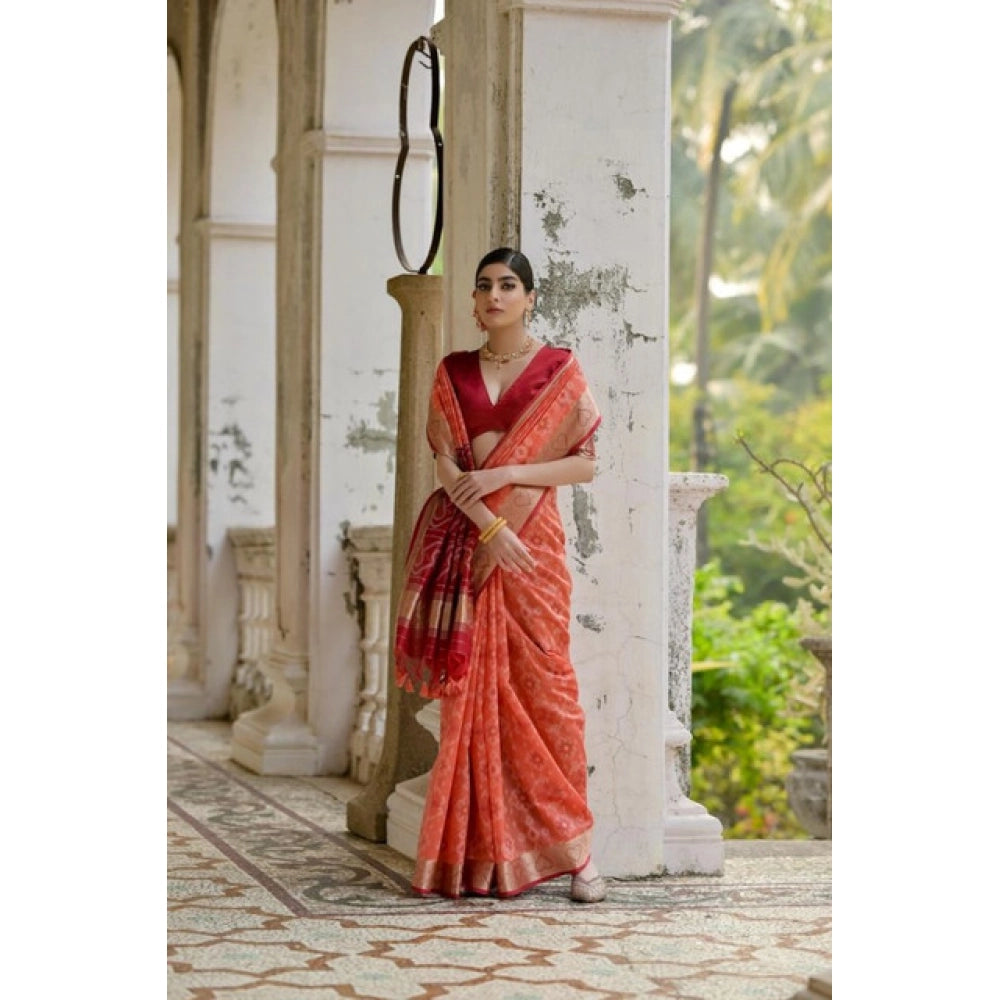 Fabulous Women's Silk Blend Ethnic Ikat Pattern Saree With Blouse Piece