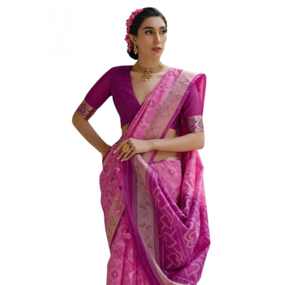 Fabulous Women's Silk Blend Ethnic Ikat Pattern Saree With Blouse Piece