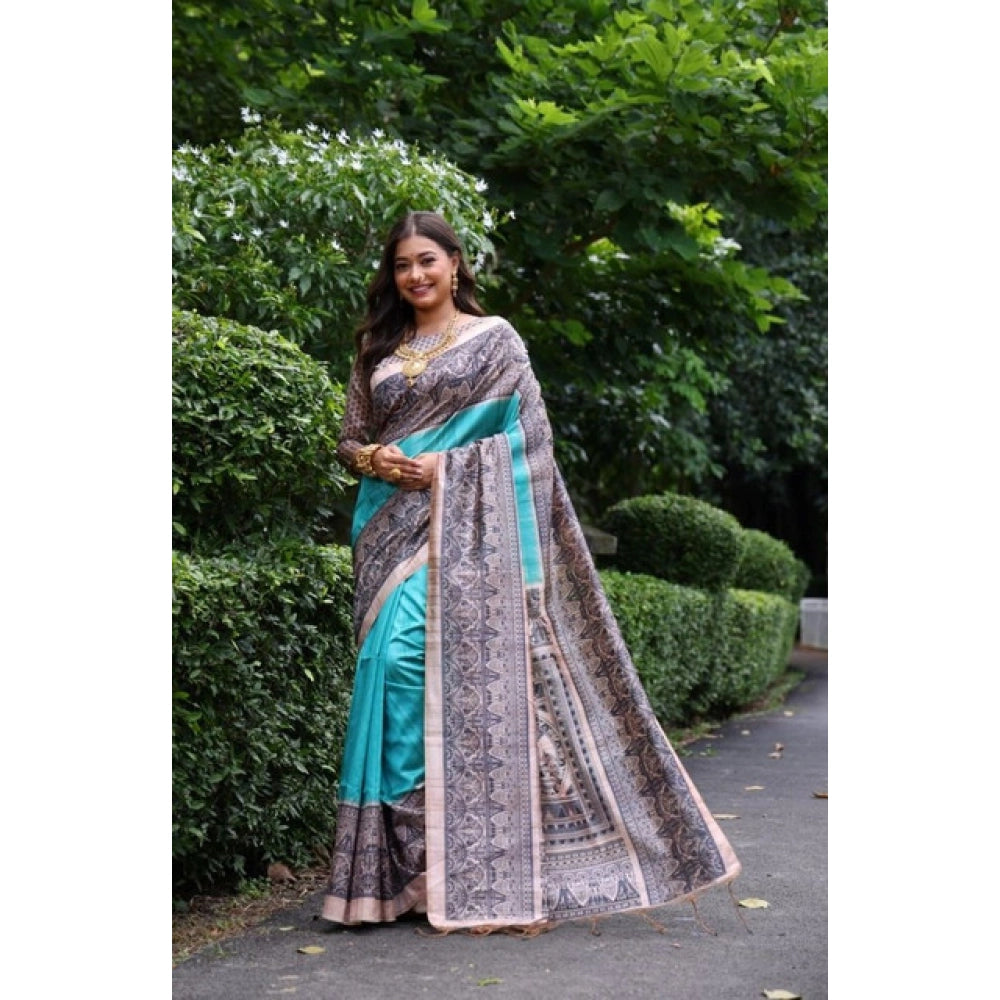 Astonishing Women's Faux Tussar Ethnic Print Saree With Blouse Piece