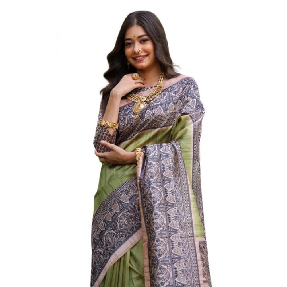 Astonishing Women's Faux Tussar Ethnic Print Saree With Blouse Piece