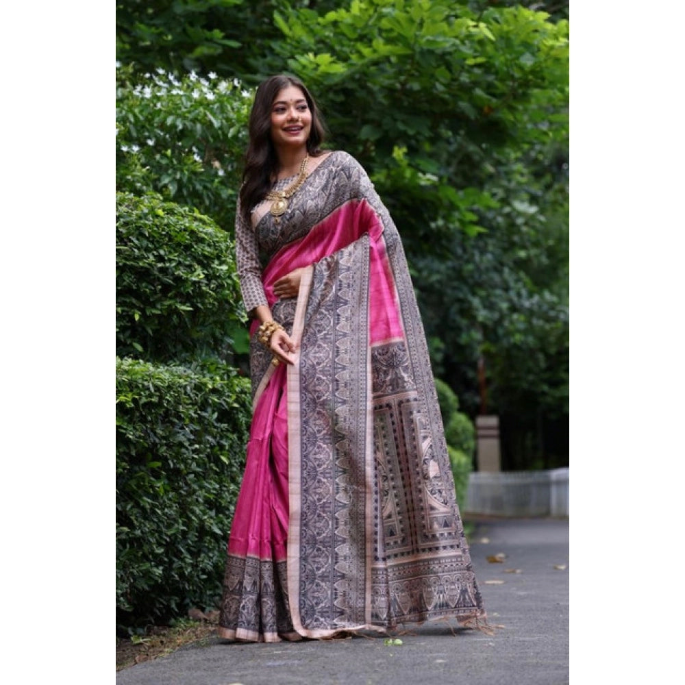 Astonishing Women's Faux Tussar Ethnic Print Saree With Blouse Piece