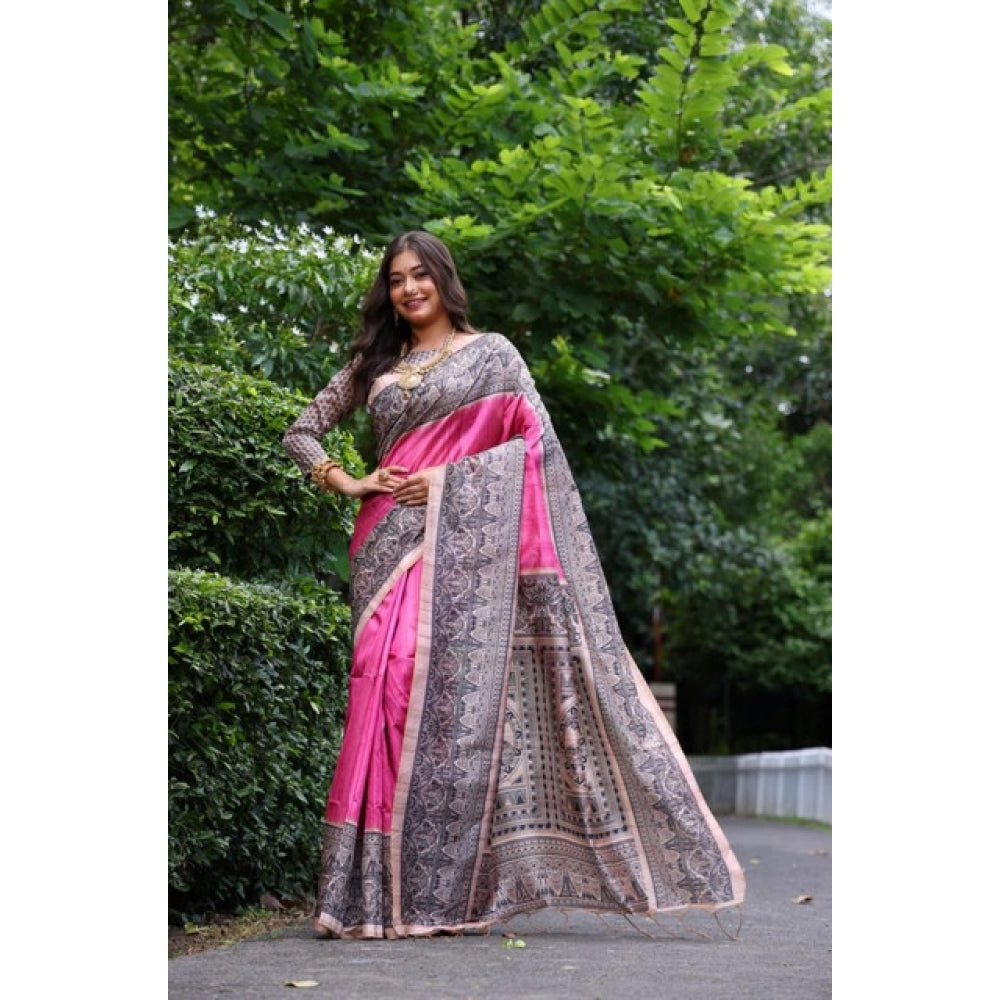 Astonishing Women's Faux Tussar Ethnic Print Saree With Blouse Piece