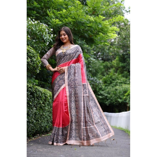 Astonishing Women's Faux Tussar Ethnic Print Saree With Blouse Piece