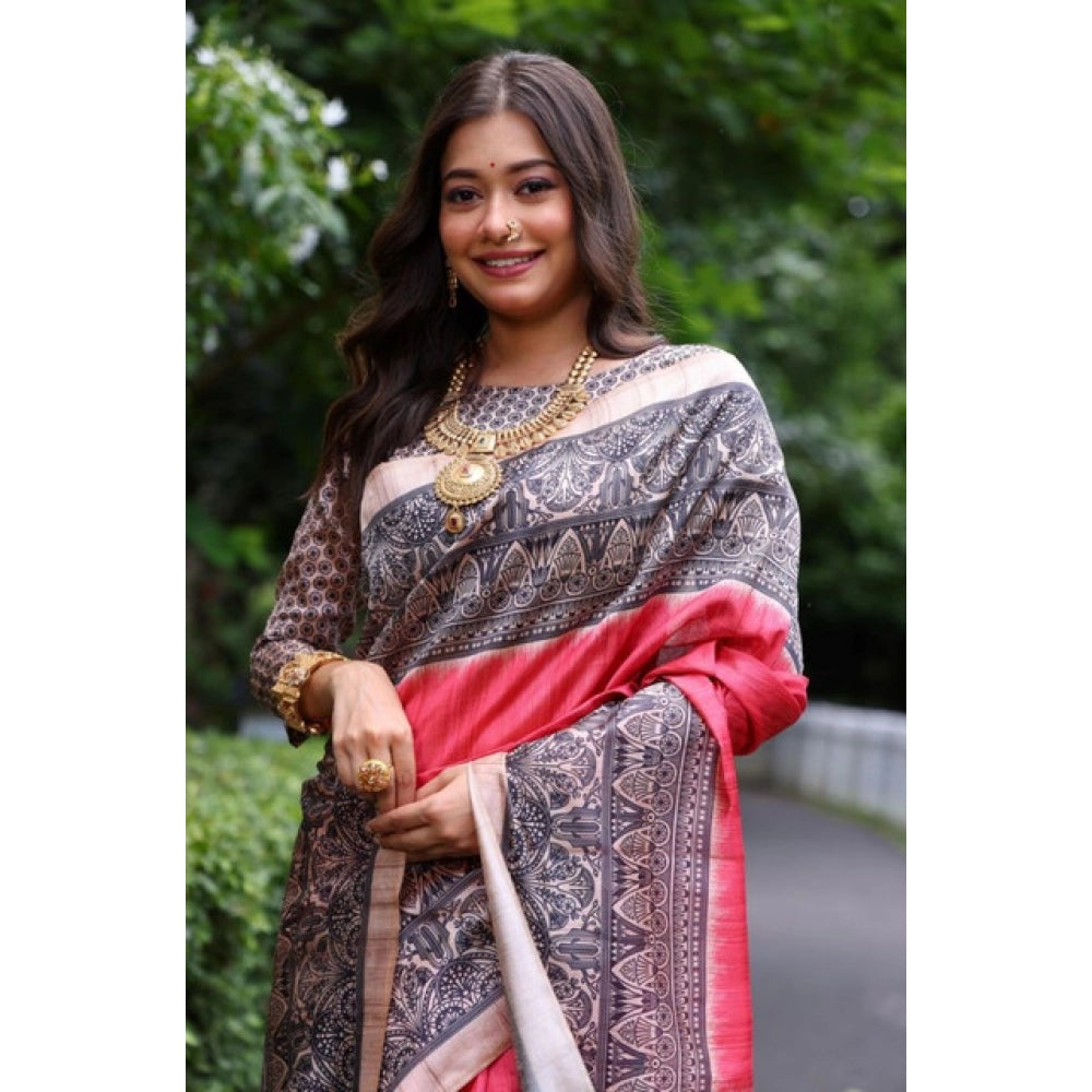 Astonishing Women's Faux Tussar Ethnic Print Saree With Blouse Piece