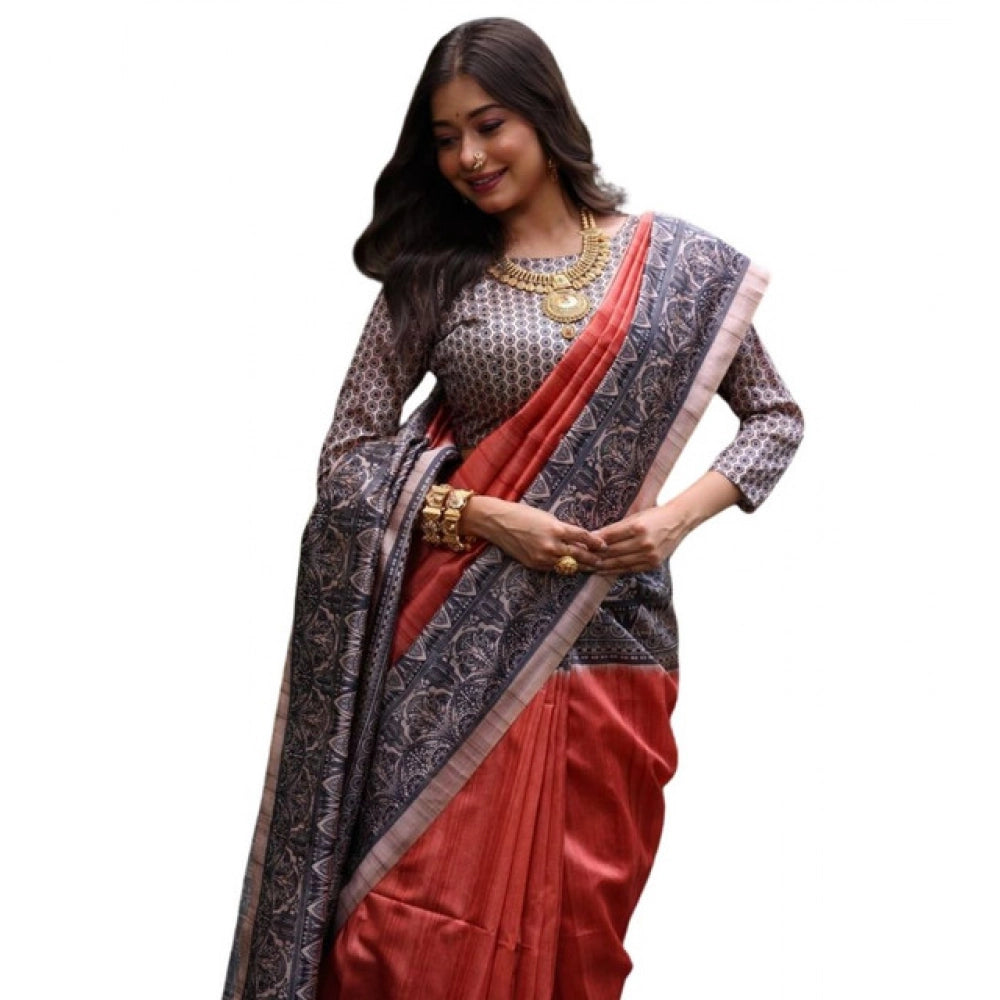 Astonishing Women's Faux Tussar Ethnic Print Saree With Blouse Piece