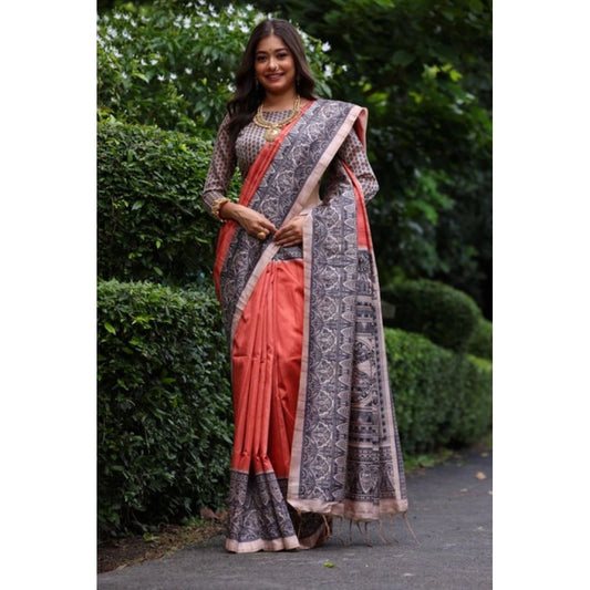 Astonishing Women's Faux Tussar Ethnic Print Saree With Blouse Piece