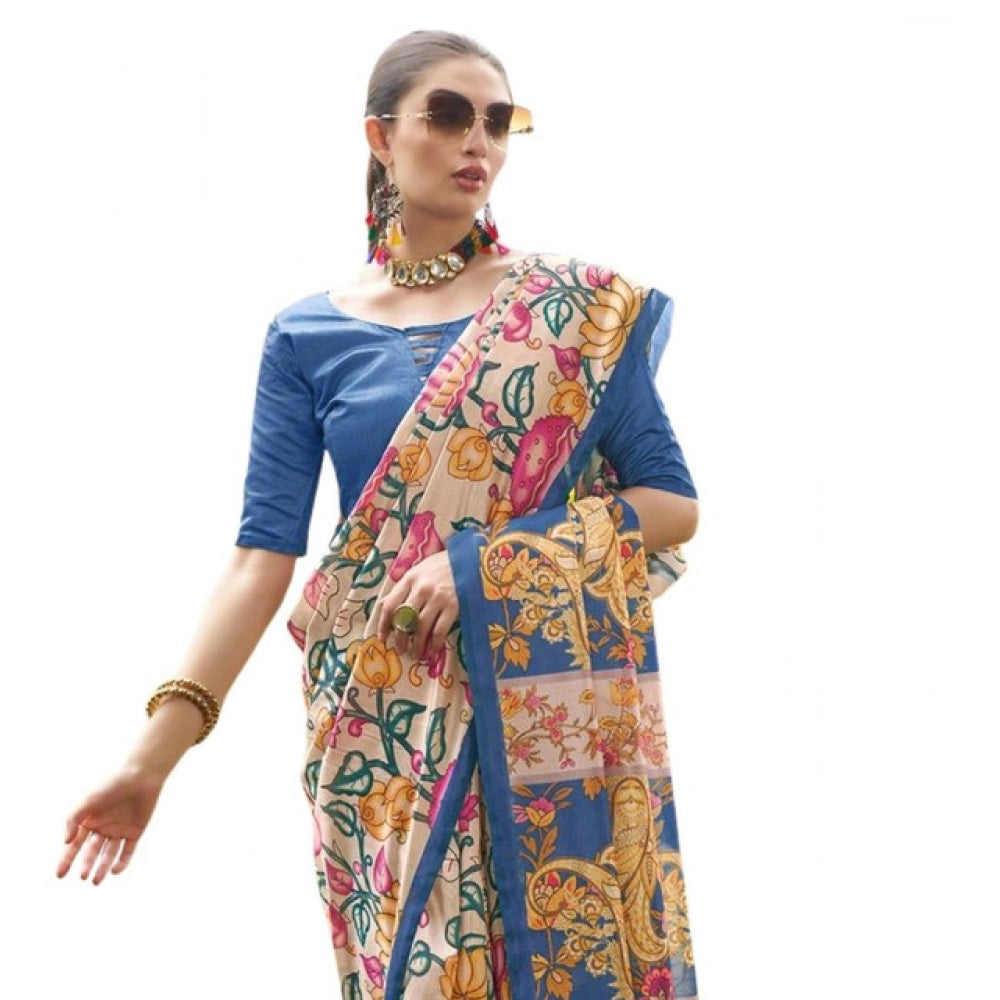Exclusive Women's Faux Tussar Kalamkari Print Saree With Blouse Piece