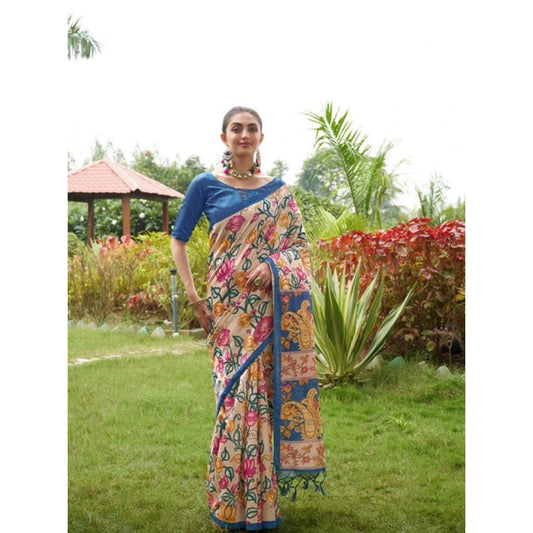 Exclusive Women's Faux Tussar Kalamkari Print Saree With Blouse Piece