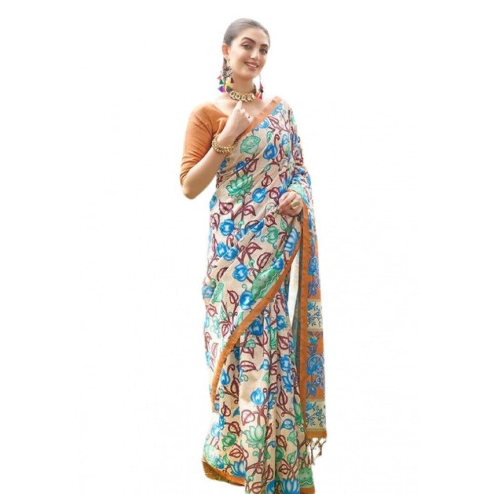 Exclusive Women's Faux Tussar Kalamkari Print Saree With Blouse Piece