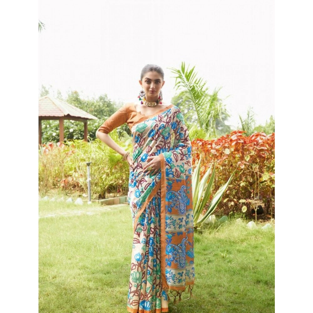 Exclusive Women's Faux Tussar Kalamkari Print Saree With Blouse Piece