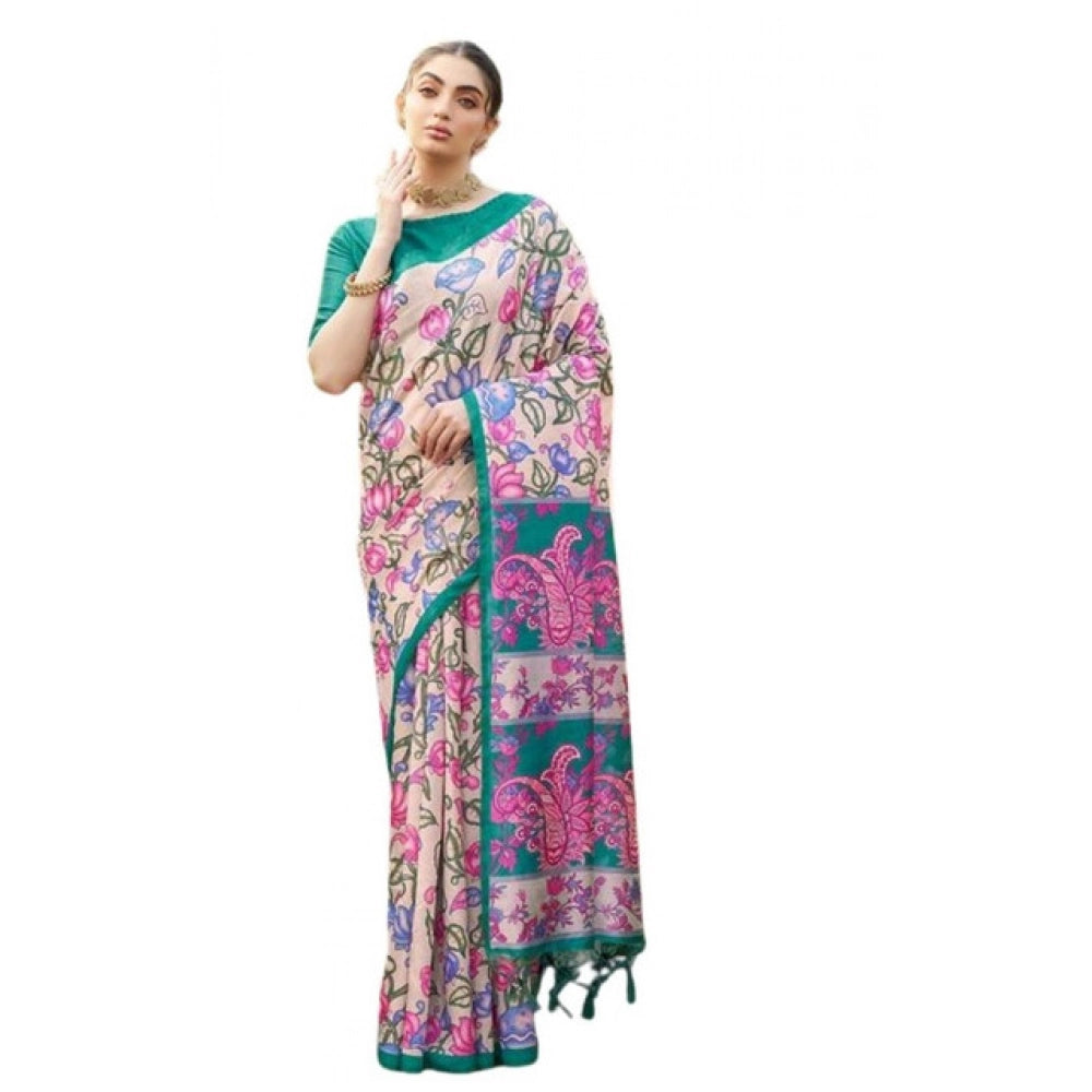 Exclusive Women's Faux Tussar Kalamkari Print Saree With Blouse Piece