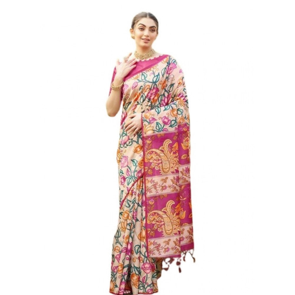 Exclusive Women's Faux Tussar Kalamkari Print Saree With Blouse Piece