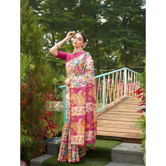 Exclusive Women's Faux Tussar Kalamkari Print Saree With Blouse Piece