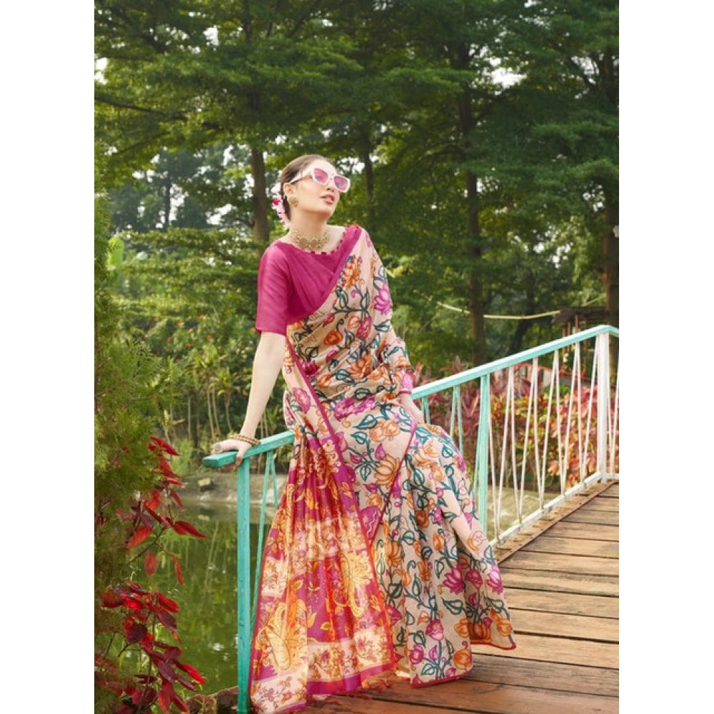 Exclusive Women's Faux Tussar Kalamkari Print Saree With Blouse Piece