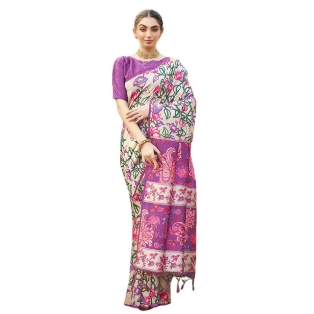 Exclusive Women's Faux Tussar Kalamkari Print Saree With Blouse Piece