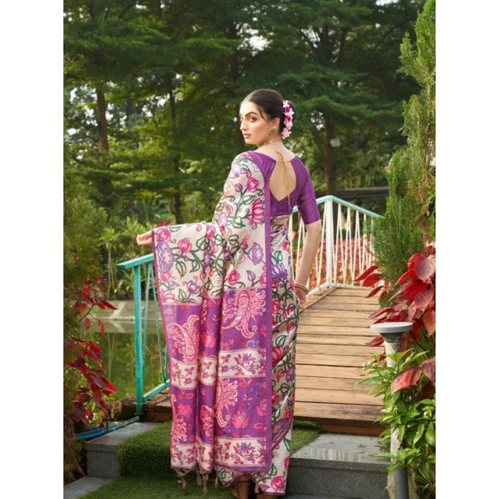 Exclusive Women's Faux Tussar Kalamkari Print Saree With Blouse Piece