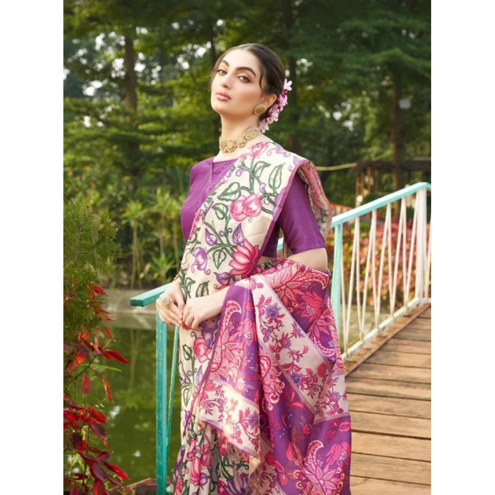 Exclusive Women's Faux Tussar Kalamkari Print Saree With Blouse Piece
