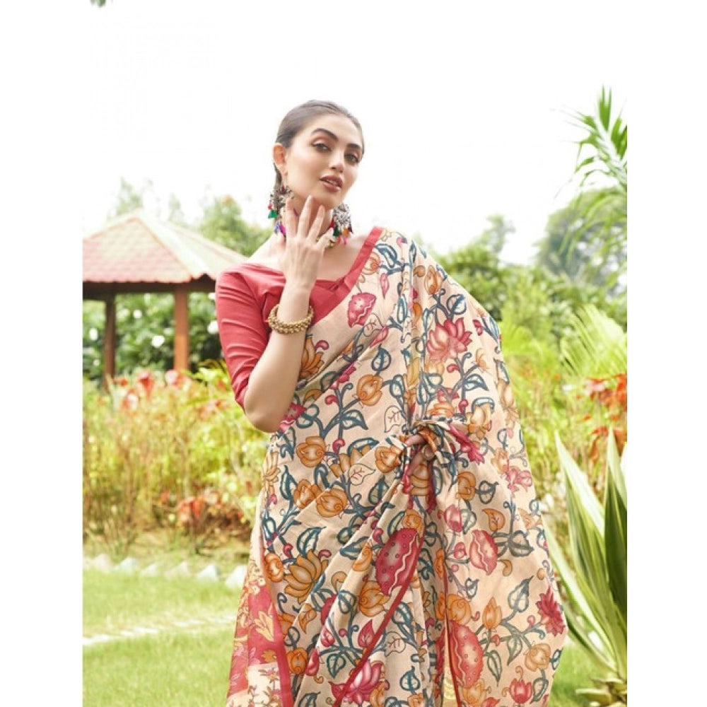 Exclusive Women's Faux Tussar Kalamkari Print Saree With Blouse Piece